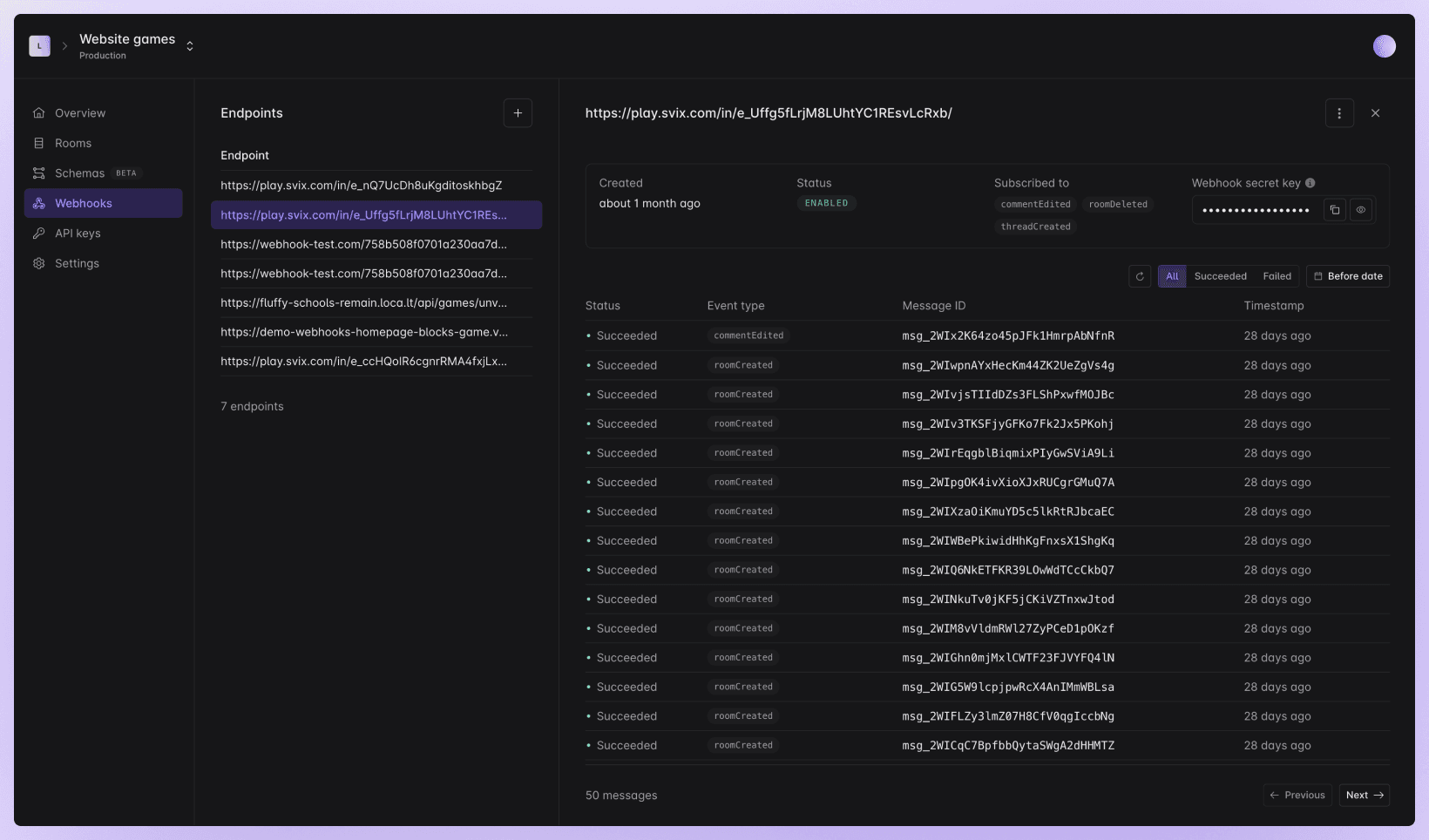 Webhooks in the dashboard