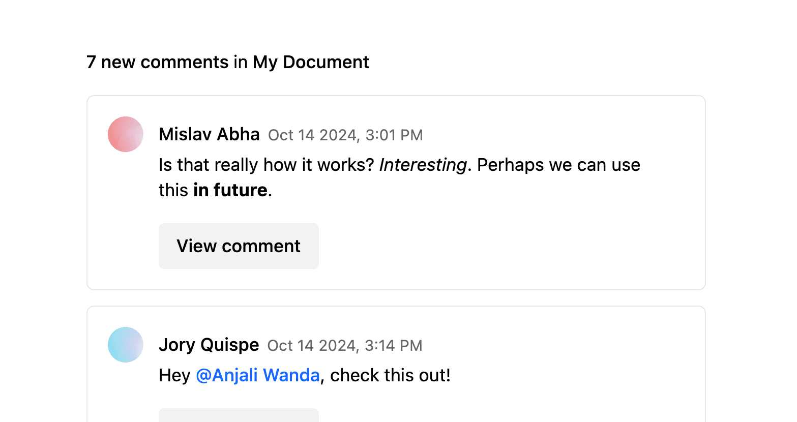 An email showing 7 new comments, with comment bodies and links to each comment